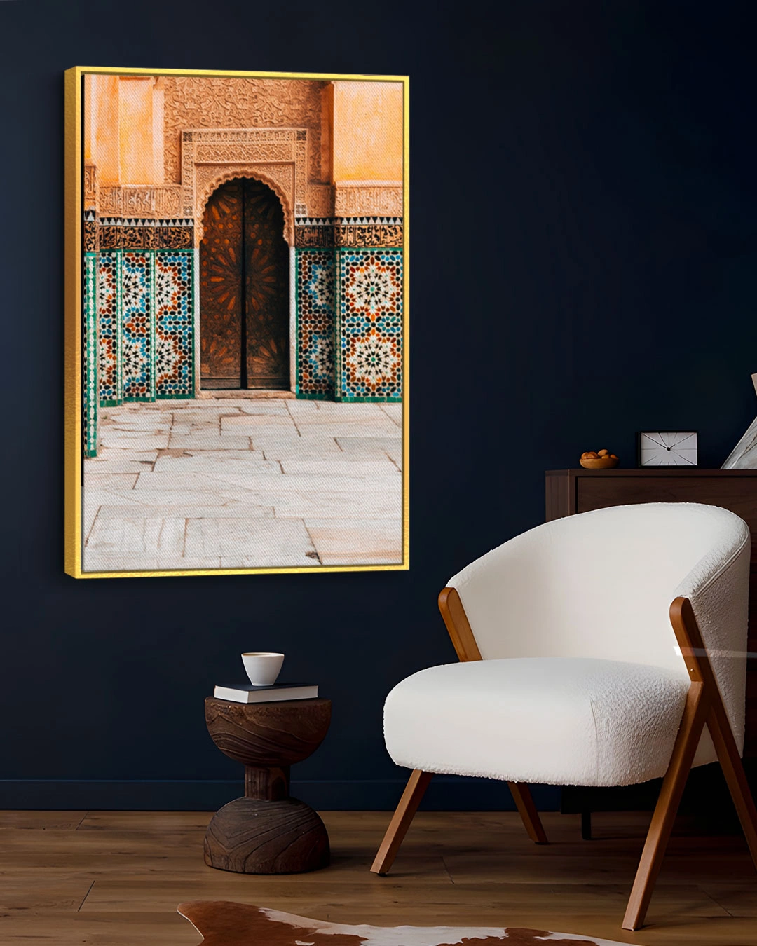 Moroccan culture wall art canvas print in gold frame featuring traditional Morocco cultural elements and patterns